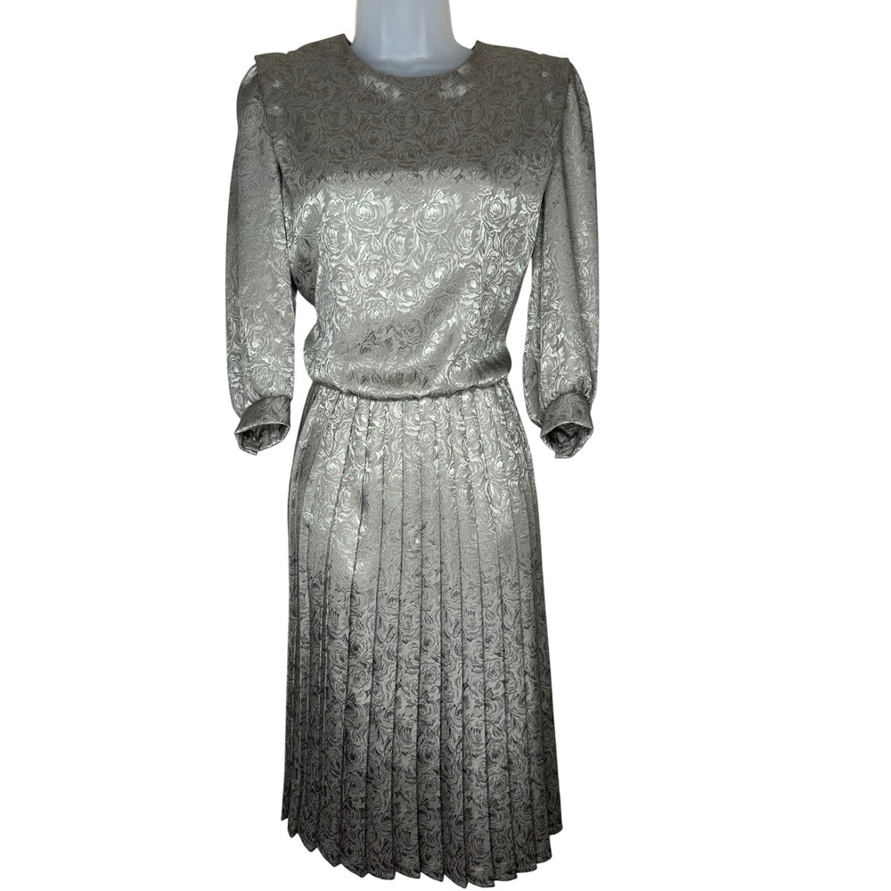 Bobby's‎ Girl 80s Vintage Silver Rose Jacquard Midi Dress Size 10 Pleated USA